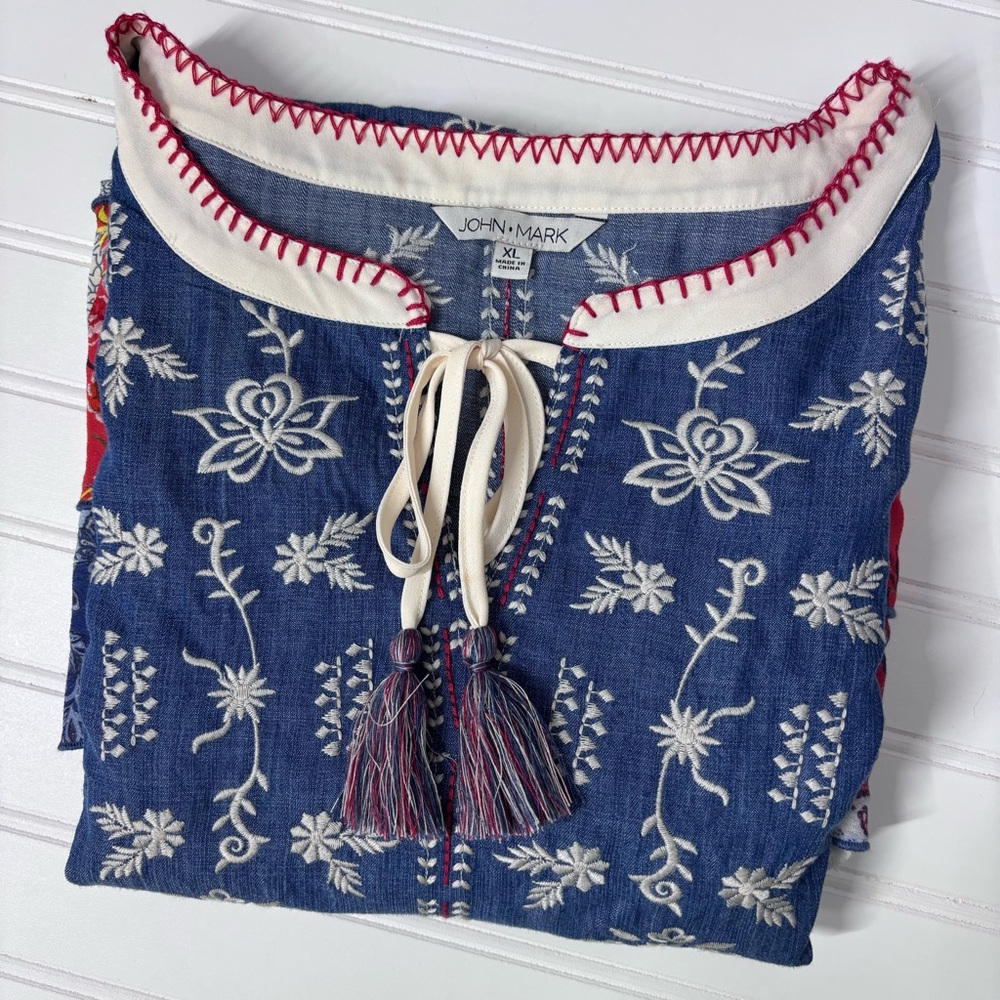 John Mark Embroidered Peasant Top Blue Red Loose Fit Dopamine Cotton XL - Picture 12 of 12